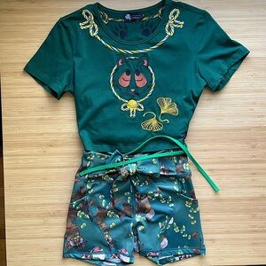 Tanuki & Gingko Leaves Waist Tie Crop Top & Shorts Activewear Set